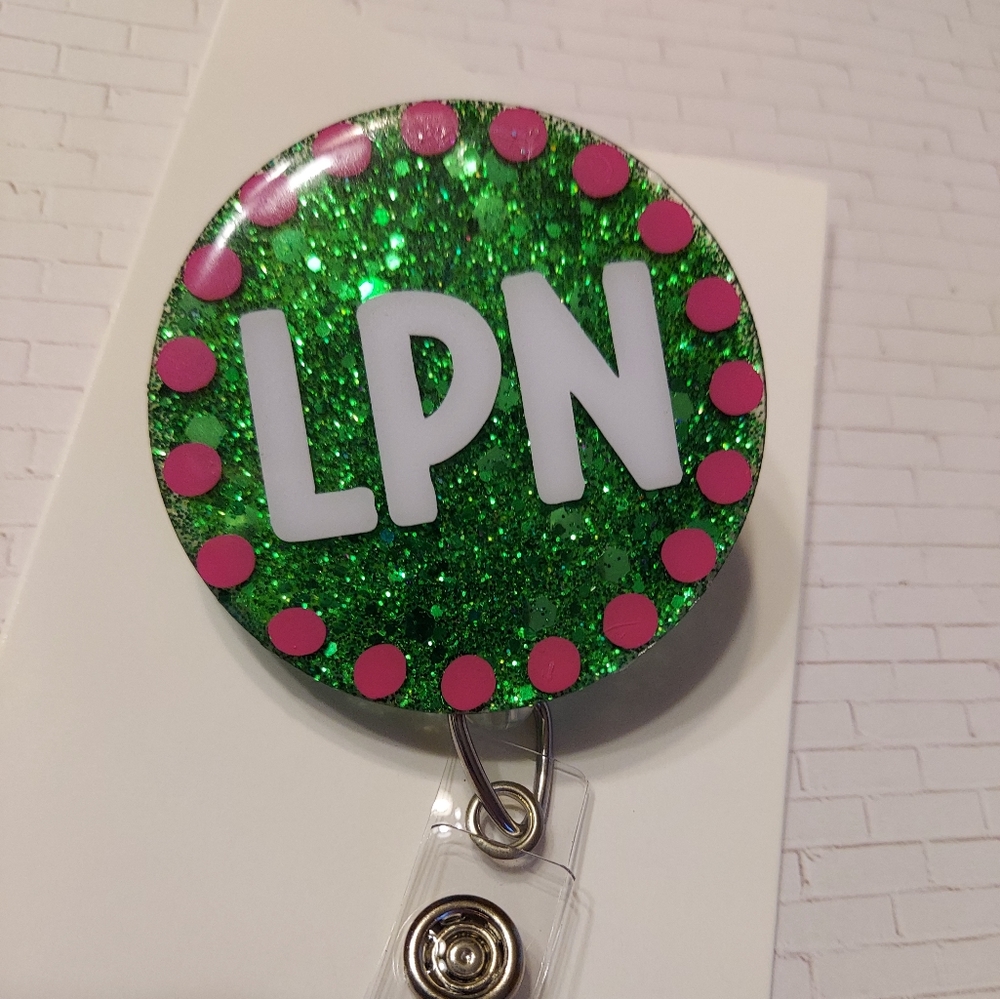 LPN nurse badge reel, Retractable ID holder for scrub tops s m,l,xl,xxl
